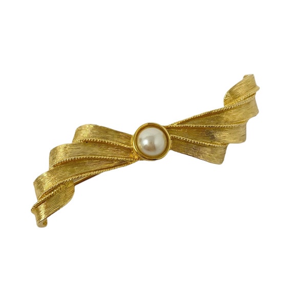 Lovely Vintage 1980s GIVENCHY Gold & Pearl Bow Br… - image 2
