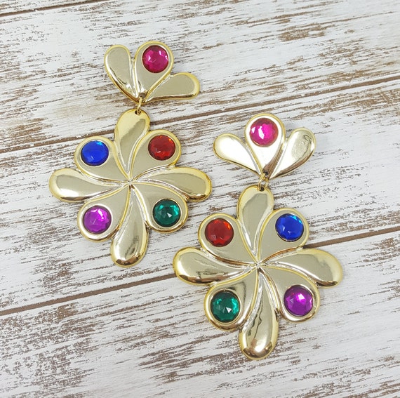 Vintage Gold Colorful Bejeweled Statement Earrings 1980s Huge Oversized Cocktail Earrings Haute Couture Runway Jewelry pierced Earrings