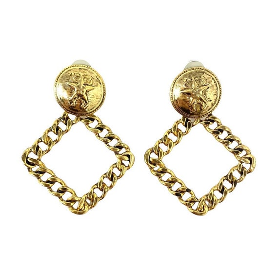 Vintage Gold Clip Earrings, Large Dangle Chain St… - image 1