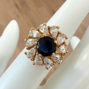 Vintage 1990s 14 KT Gold Electroplate Sapphire Blue & Clear Cubic Zirconia Cocktail Ring Size 6 New Old Stock NOS
