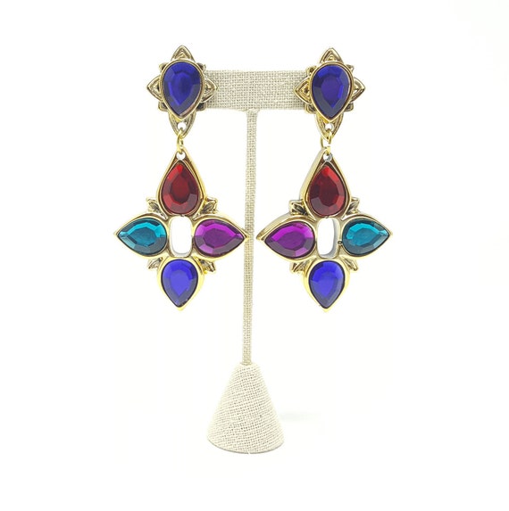 Vintage Gold Colorful Bejeweled Statement Earrings 1980s Huge Oversized Cocktail Earrings Haute Couture Runway Jewelry pierced Earrings