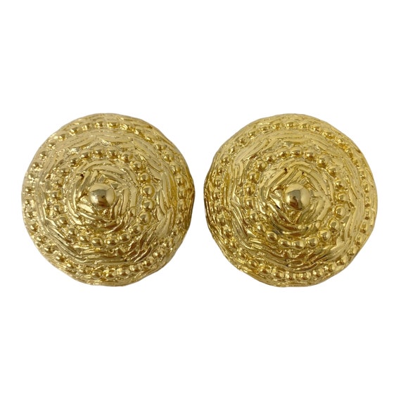 Vintage 1980s Big Round Gold Tone Clip On Earring… - image 2