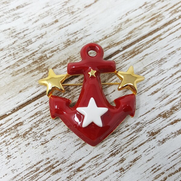 Vintage Anchor Pin, Goldtone with Red & White Enamel, Retro Kitsch 1980s Brooch