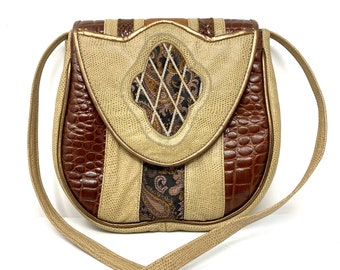 Vintage Leather Patchwork Purse, Beige & Brown, Fifth Avenue Handbags, Made in U.S.A., Genuine Leather