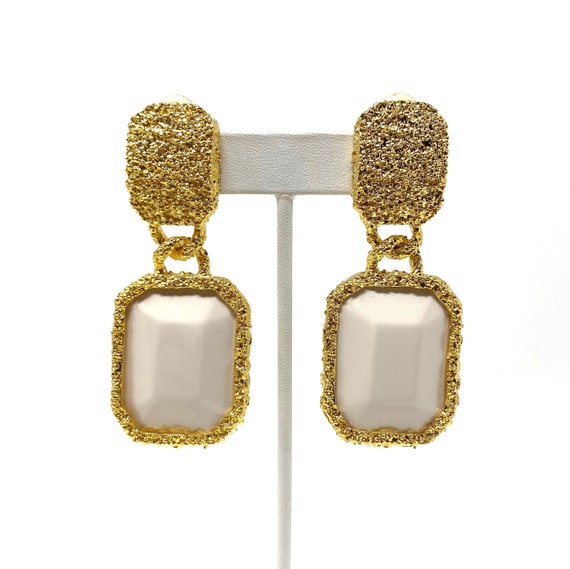 Vintage Clip Earrings, White Lucite Gold Tone Dang