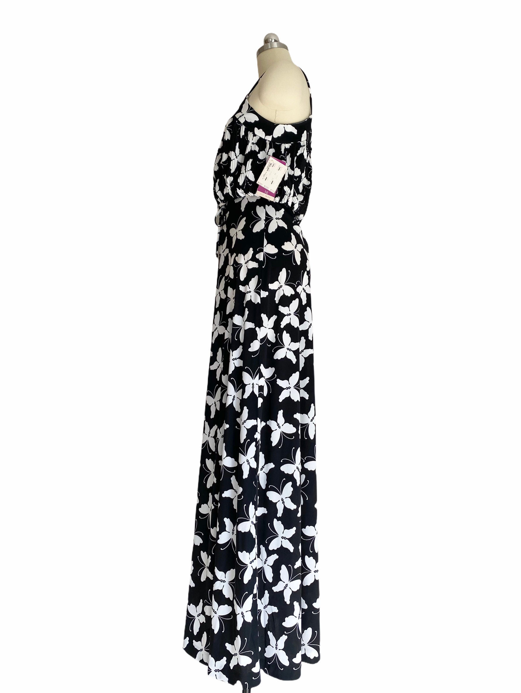 Vintage Butterfly Dress, 1970s Black & White Butterflies Jersey Maxi Dress, Size Small / Medium, Deadstock 70s Clothing