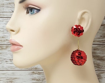 Vintage Red Sequin Bon Bon Statement Earrings, 1980s Festiv Glitzy Cocktail Earrings, Haute Couture Runway Jewelry