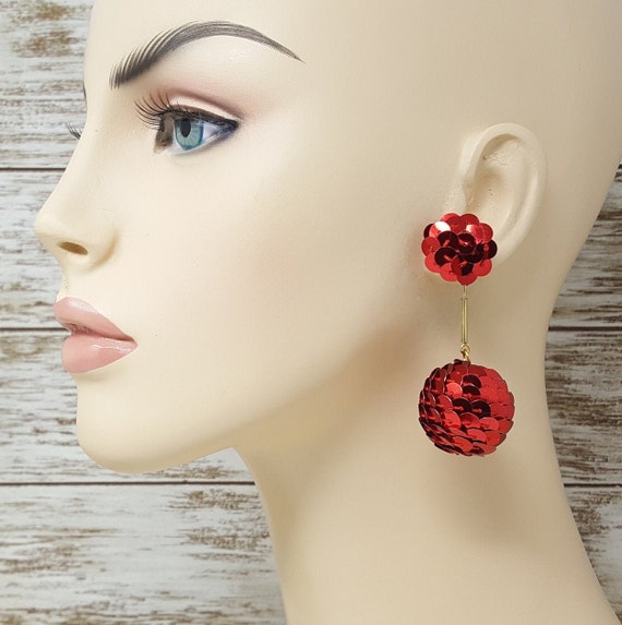 Vintage Red Sequin Bon Bon Statement Earrings, 19… - image 1