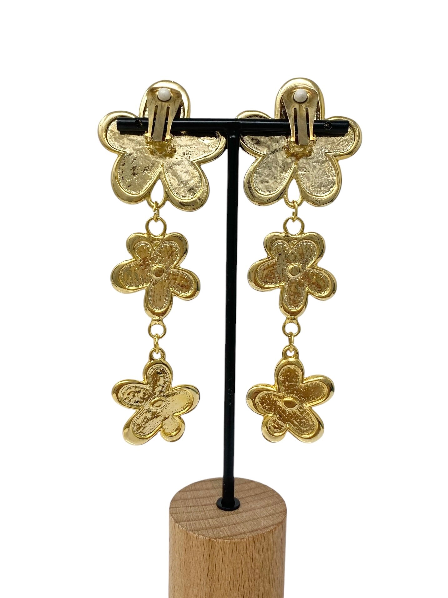Boucles D'oreilles Clips Vintage Années 80 - Métal Doré Avec Motif Fleur Et Couture