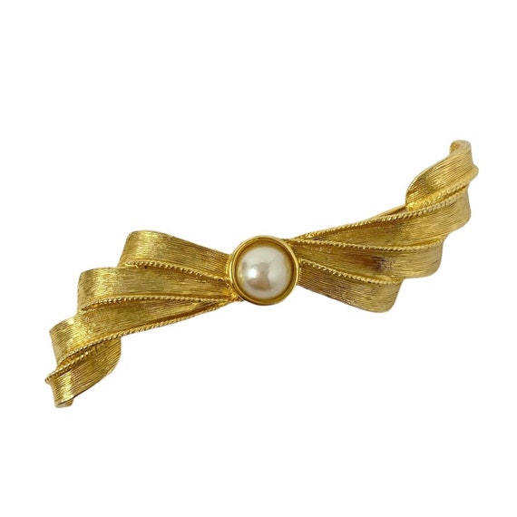 Lovely Vintage 1980s GIVENCHY Gold & Pearl Bow Br… - image 1