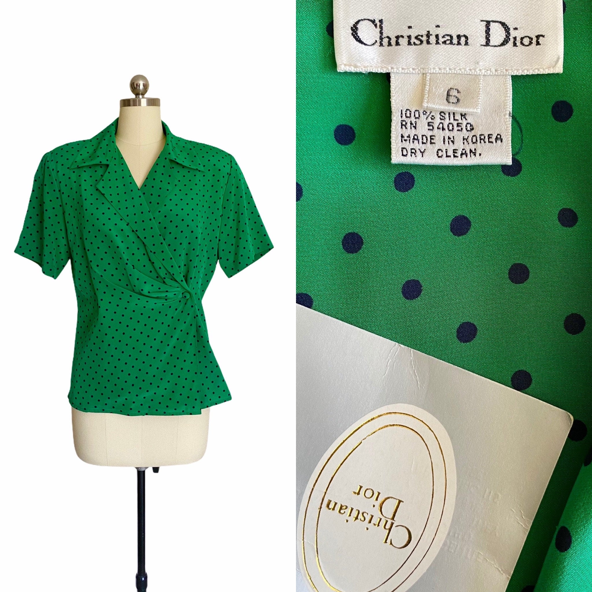 Vintage CHRISTIAN DIOR Silk Blouse: Kelly Green Polka Dot, Size 6 