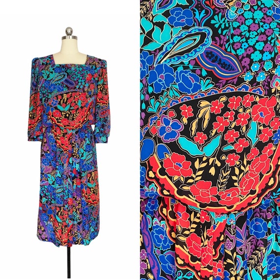 Vintage Dress, John Roberts 1980s Colorful Floral