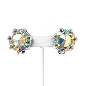 Vintage 1980s Aurora Borealis Crystal & Clear Rhinestone Statement Clip On Earrings