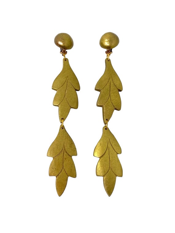 Vintage 1980s Gold Wood Leaf Massive Dangle State… - image 2