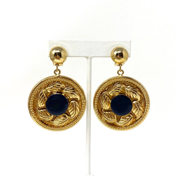 Vintage Navy Blue & Gold Leaf Repousse Clip Earri… - image 1