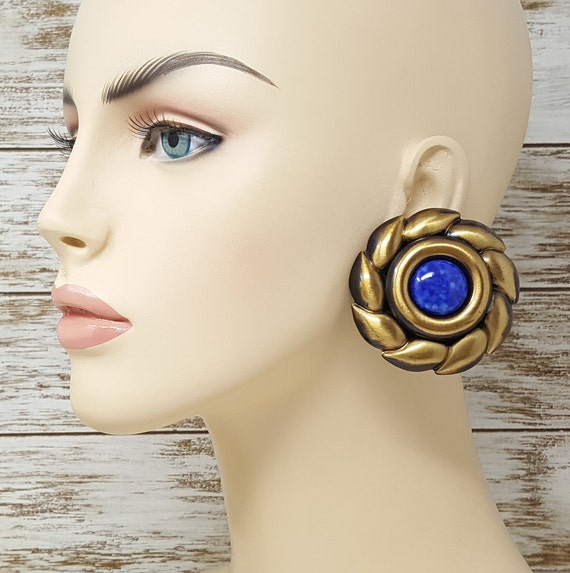 Vintage Bronze & Blue Statement Earrings, 1980s B… - image 1