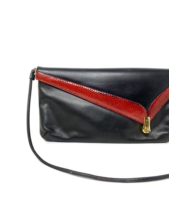 Vintage Snakeskin Purse, Black Leather with Red S… - image 3