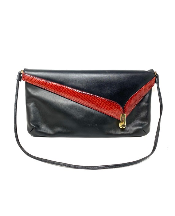 Vintage Snakeskin Purse, Black Leather with Red S… - image 1