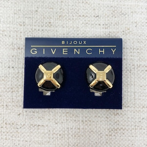 Rare Vintage Givenchy New Old Stock NOS Black Enamel Gold Tone Classic Logo Button Clip On Earrings
