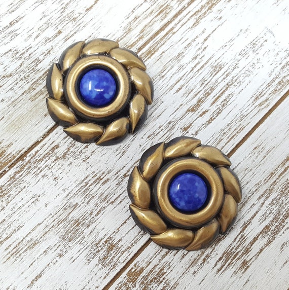 Vintage Bronze & Blue Statement Earrings, 1980s B… - image 2