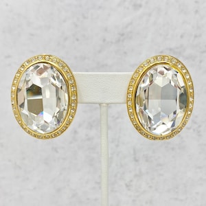 Vintage 1980s Designer Signed Vo Les Bernard Gold Tone Clear Crystal & Rhinestone Clip On Earrings, New Old Stock NOS Jewelry