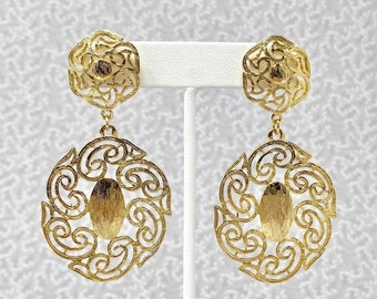 Vintage Shiny Textured Gold Filigree Statement Earrings, 1980s Dangly Ornate Scroll Design Pierced Earrings, Haute Couture Runway Jewelry