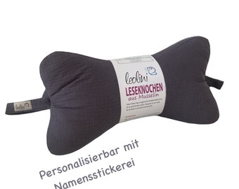 Musselin Leseknochen | Lesekissen | Personalisierbar mit Namen | Nackenkissen | Dunkelgrau