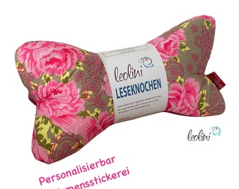 Leseknochen | Lesekissen | Personalisierbar mit Namen | Ergonomisches Kissen | Nackenkissen | Rosen