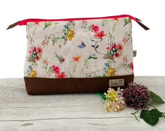Large cosmetic bag | PINK FLOWERS | Toiletry bag with many compartments