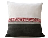 Decorative pillow,Natural fabric pillow, Grey and red cushion by BeccaTextile.