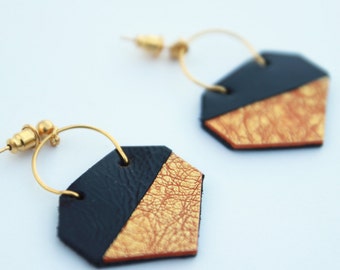 Gold and plum leather/geometric earrings