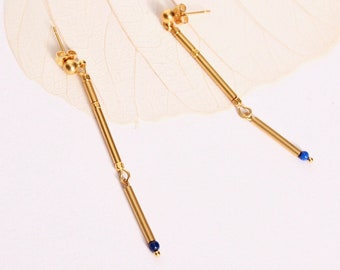 longues boucles oreilles or fin et perle lapis lazuli bleu