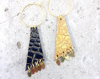 Fine gold creoles / leather creole / fine gold leaves / boho chic creoles / reversible earrings