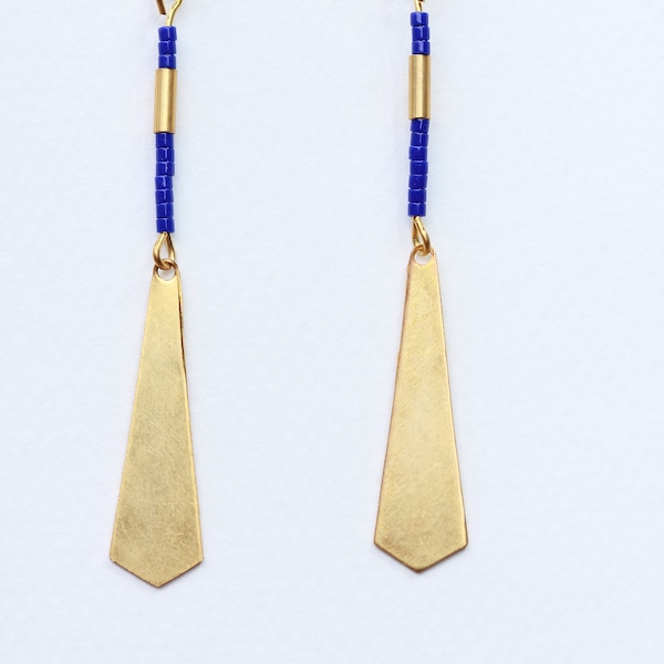 long pendant earrings - gold earrings - beaded earrings - feather earrings - miyukis earrings - blue - yellow - green