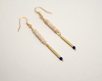 Long earrings, lapis lazuli beads, coconut beads, fine gold tubes