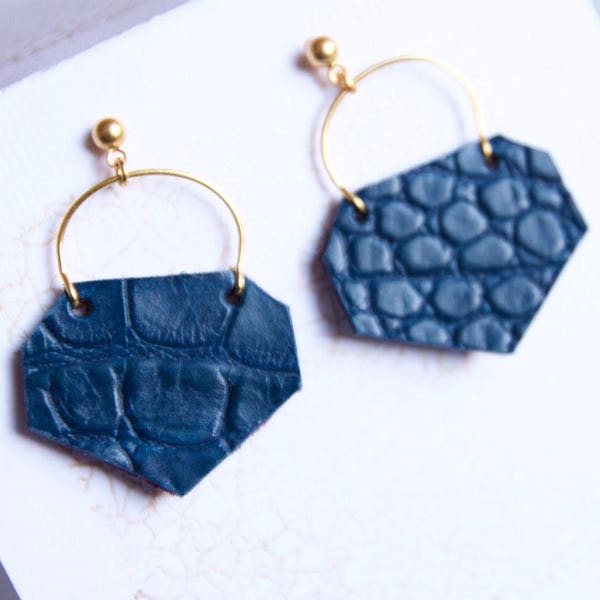 blue croc/fine gold croc leather earrings