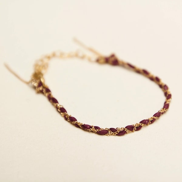 Fine braided silk bracelet and gold chain fine gold