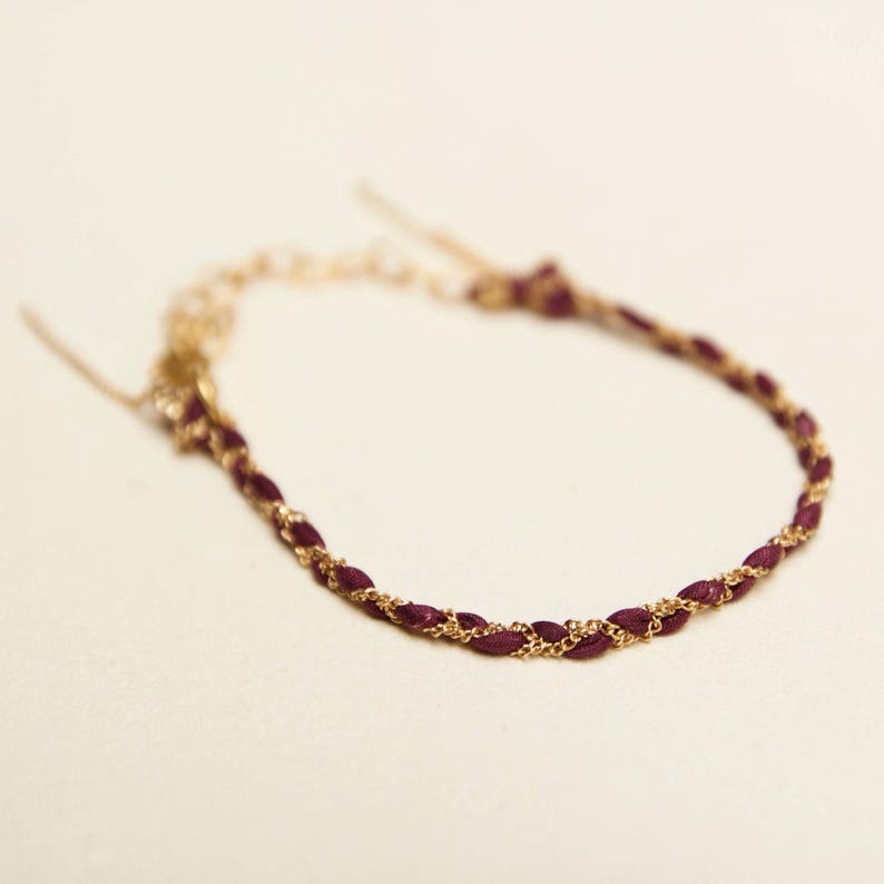 Fine braided silk bracelet and gold chain fine gold image 1