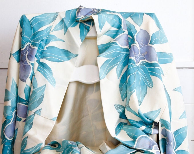 Blue Floral Silk Kimono, Japanese Vintage Robe, Boudoir Gown, Coverup