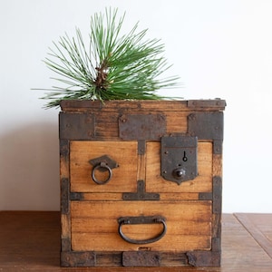 May include: A small, antique wooden chest with two drawers and a central door. The chest is made of light brown wood with dark metal accents and hardware. A sprig of green pine needles sits on top.