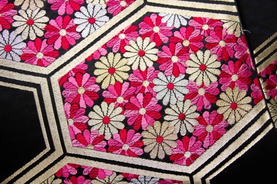 Black and Pink Obi, Patterned Japanese Vintage Ce… - image 2