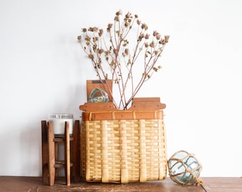 Japanese Woven Bamboo Fishing Basket, Coastal Decor, 9"x9.5"x3"