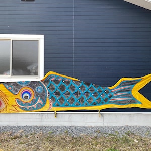 May include: A large, colourful carp streamer, or koinobori, is displayed against a dark blue house exterior. The fish-shaped decoration features yellow, black, and blue scales, with a red mouth and a detailed eye. It's a traditional Japanese symbol.