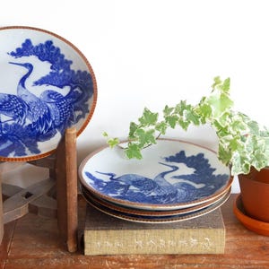 Japanese Igezara Crane Tsuri porcelain plate SET, Meiji Ceramic, Arts Collectibles, antique Plate collector, blue and white decor, Sansui