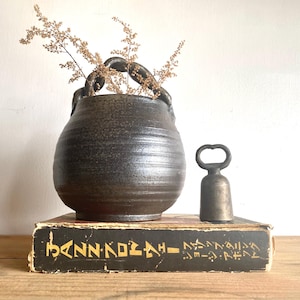 Puede incluir: Un jarrón de cerámica marrón oscuro con un asa retorcida, lleno de flores secas, se encuentra sobre un libro antiguo. Un pequeño abridor de botellas de bronce descansa a su lado. El libro tiene letras doradas.
