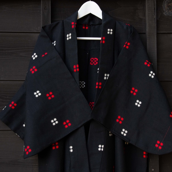 Black Kasuri Kimono, Japanese Vintage Kimono, Transitional Jacket, Autumn Jacket, Coverup, Boho Jacket, Light Cardigan, Gifts Under 100