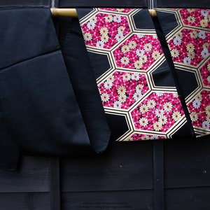 Vintage Japanese Obi: Black & Pink Chrysanthemum Kimono Sash Belt