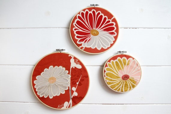 Vintage Silk Kimono Embroidery Hoops, Hand-Painted Floral Wall Decor
