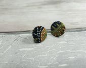 Button earrings, Batik, navy, unique, spots, patterned stud, Singapore batik, fabric, khaki, unique