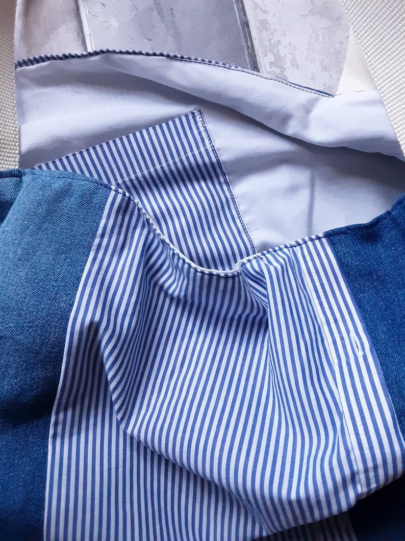 stripes tote should straps Upcycled denim tote bag cotton blue days out handbag sustainable reuse large shopper beach white